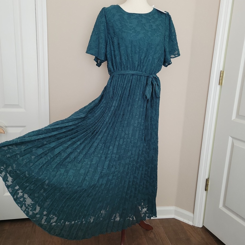 Baltic Born Mindy Pleated Dress Size XL Emerald Green Floral New Holiday Career